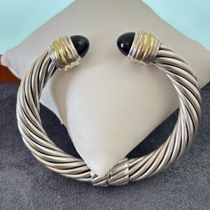 David Yurman 925 & 14K Gold 10mm Cable Bracelet with Black Onyx-Medium